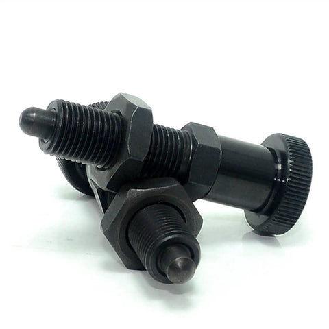 M10 Index Plunger With Hex Collar And Locking Aluminum Spring Knob Dead Solid Accuracy Locating Pin Screw Thread Workhorse Build showing black hex collar and knob.