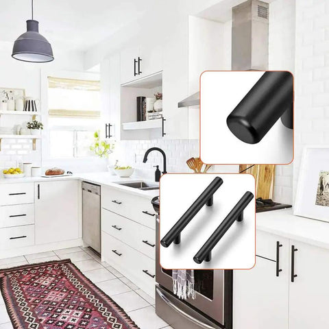 Level Up Your Home Decor With These Badass Matte Black Cabinet Knobs And Drawer Pulls Made From Hella Durable Stainless Steel T Bar Style Handle Design Perfect For Modern Kitchen And Bathroom Renovation Projects 10 Piece Set Included, matte black stainless steel T bar handles in modern kitchen setting.