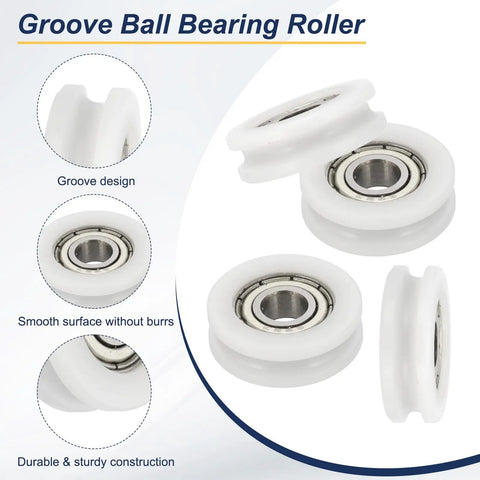 U Groove Ball Bearing Roller Featuring Top Tier Nylon Pulley Guide Wheel And Stainless Steel Track Wheel For Sliding Door Window Hardware Heavy Duty Smooth Operator Replacement White Pack Of Four close-up showing groove design and sturdy construction.