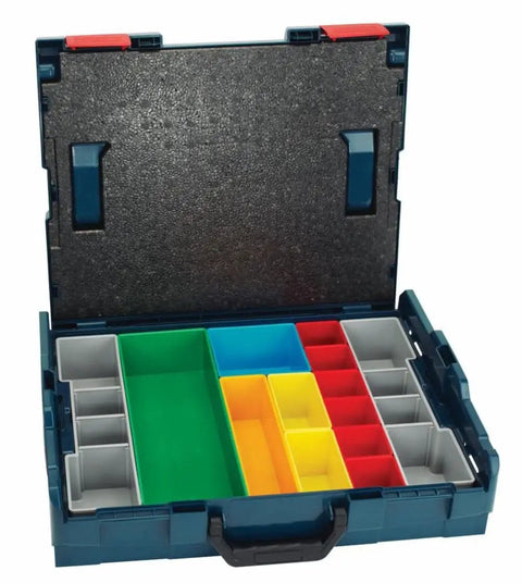 Yellow 17-Piece Organizer Set For L-BOXX-1A With Click And Go Mobile Transport System, open with colorful compartments visible