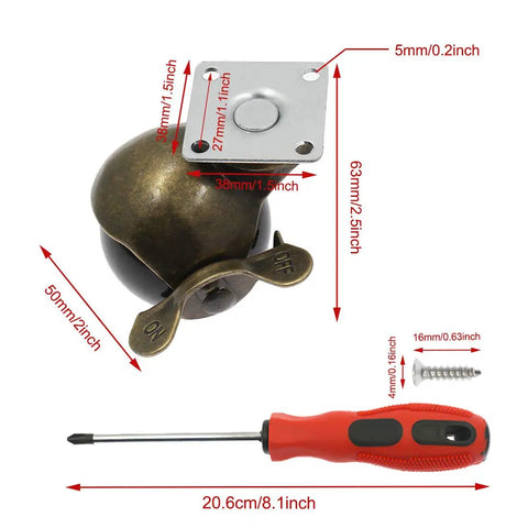 Tough As Nails Heavy Duty Steel Vintage Ball Caster Wheels With Smooth Swiveling Action And Reliable Locking Brakes Set Of Four dimensions and measurements with screwdriver.