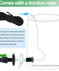 Diagram showing Full Flow Rain Barrel Spigot Kit with bulkhead fitting, drain valve, traction rope, and installation guide.