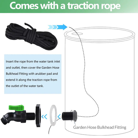 Diagram showing Full Flow Rain Barrel Spigot Kit with bulkhead fitting, drain valve, traction rope, and installation guide.