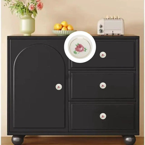 Totally Iconic 6 Piece Set Of Hand Painted Ceramic Knobs With Sweet Pink Rose Designs Super Smooth Glazed Surface on black dresser.