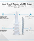 M10 Nylon Drywall Anchors With Screws 100 Pack For Hollow Walls including nylon anchor and M10 screw for gypsum board