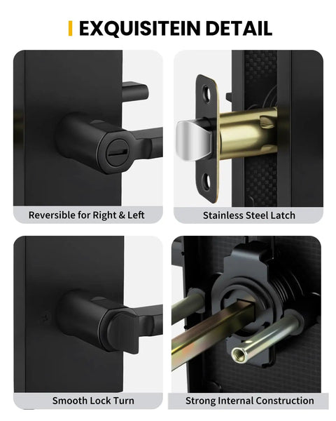 Straight Up Matte Black Interior Door Handles For Bedroom And Bathroom Privacy Lever With Keyless Push Button Lock Adjustable Reversible Mechanism Four Pack detailed close-up of components including stainless steel latch and smooth lock turn.