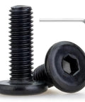 Heavy Duty M4 X 10Mm Hex Socket Cap Screws With Flat Round Head And Matte Black Oxide Finish Forged From Solid 304 Stainless Steel Comes Totally Ready To Rock With Hex Driver Perfect For Knockout DIY Furniture Builds And Custom Gear with an Allen key.
