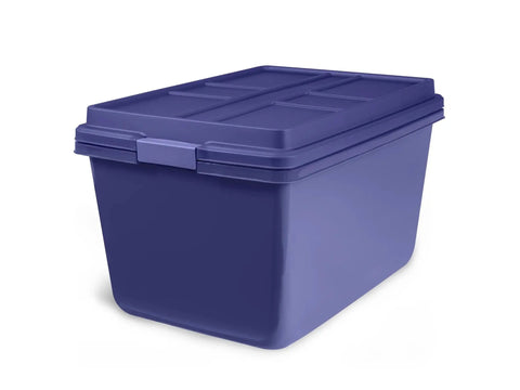 Built Tough 18 Gallon Storage Bins 2 Pack Stackable Heavy Plastic Containers in blue with secure snap lids.