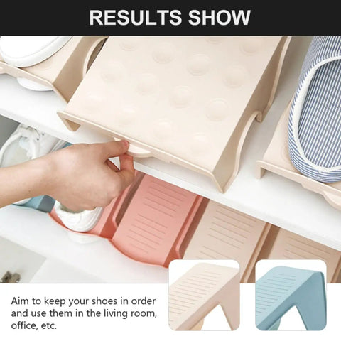 Hella Solid Double Layer Shoe Slot Organizer Rack With Non Slip Grip Base For Sneakers And Everyday Kicks To Keep Your Closets Stacked And Floors Crisp Today, holding shoes on a shelf.