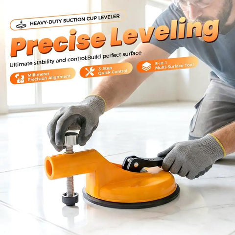 Adjustable Height Setter And Countertop Leveling Tool With Heavy Duty Suction Cups shown leveling floor tile surface