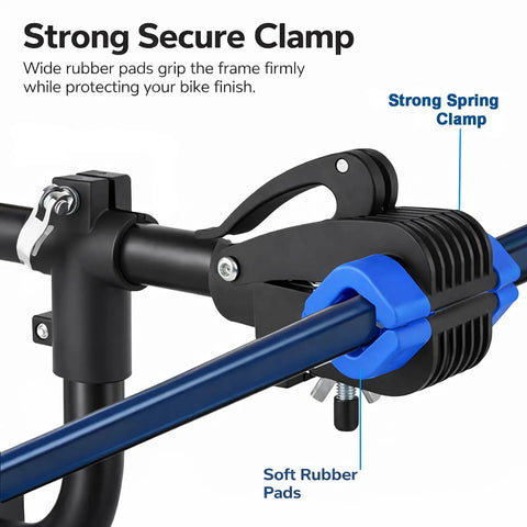 Close-up of strong secure clamp on bike repair stand with soft rubber pads, part of Bike Repair Stand For Home Mechanics And Gearheads Space Saving Bicycle Work Stand Holds Up To 44 Lbs Adjustable Non Damaging Clamp Fits 1.2 To 2.5 Inch Tubes Soft Silicone Grip Protects Finish.