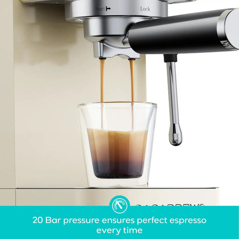 Barista Worthy Home Espresso Machine With 20 Bar Pressure, Stainless Steel Coffee Maker, steam frothing into glass cup