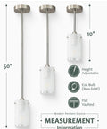 Measurement guide for One Light Mini Pendant With White Frosted Shade, Brushed Nickel Finish, adjustable height up to 50 inches.