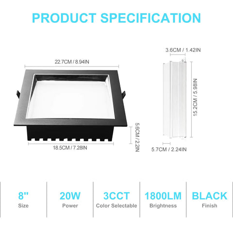 HITOO 8 Inch Square Recessed Ceiling Light, 3CCT, Dimmable, Black, 2 Pack with specifications displayed.