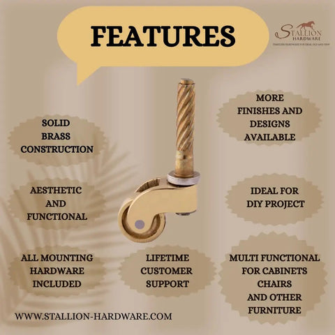 Heavy Duty Brass Furniture Casters With Slick Rolling Swivel Wheels And Quick Mounting Screws No Fuss Vintage Style Replacement Rollers For Tables Couches Three Quarter Inch Plug And Play Top Shelf Upgrade with solid brass construction and swivel design.