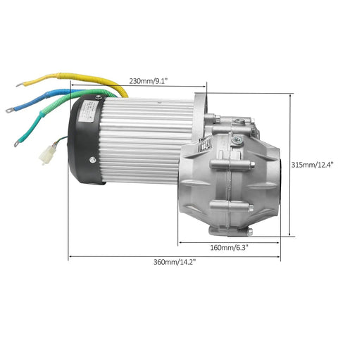 32 Inch Golf Cart Rear Differential Axle Kit With 60V 3000W Brushless Motor And Five 12V 20Ah Batteries side view with dimensions