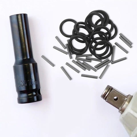 50 Piece Electric Wrench Socket Rubber Ring Replacement Kit With Rugged Fastener Pins and Dependable Wrench Holder Washers set, showing black rubber rings and pins.