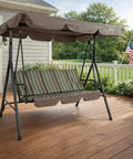 Three Seat Outdoor Patio Swing With Adjustable Canopy Heavy Duty Steel Frame Weather Resistant Build Removable Cushions