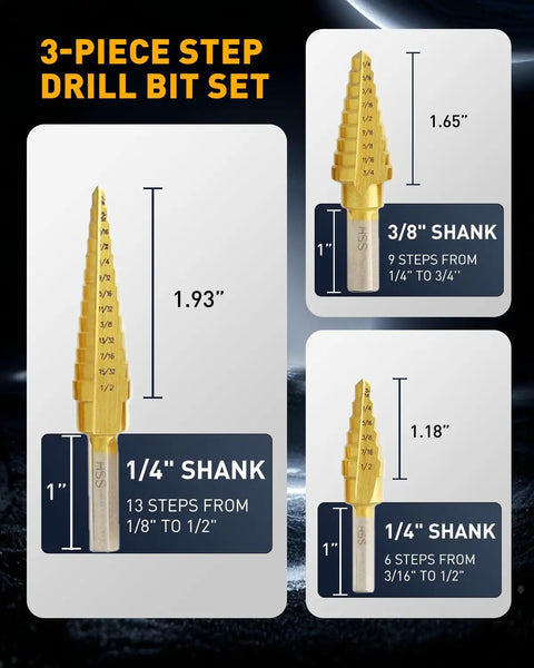 Titanium Coated Step Drill Bit Set With Double Cutting Blades HSS High Speed Steel Short Length 3 Piece Kit Covering 28 Sizes For Metal Wood Plastic Drilling In Tight Spaces