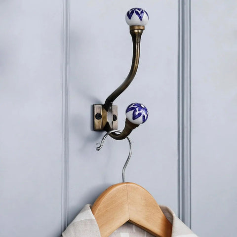 Heavy Duty Double Coat Hooks Wall Mount Six Pack In Blue And White, decorative prong hook with shirt on hanger, vintage style