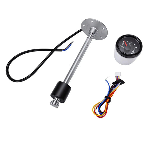 Universal Fuel Sending Unit And Gauge Kit Featuring Rock Solid 7 Inch Stainless Steel Float With 240 To 33 Ohm Resistance For High Resolution Sensor Accuracy And Bomb Proof Durability On Trucks, includes gauge and wiring.
