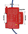 Automatic Fire Extinguisher With Dual Line Din Rail Mount And Smart Heat Sensor Quits Electrical Panel Flames Cold Using Clean Non Toxic Aerosol Tech For Home Meter Boxes And Breaker Cabinets, red device with dimensions shown.