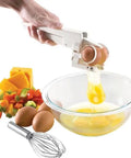 Effortless Egg Cracker With Built In Egg Separator And Cutter Automatic Egg Cracking Tool in use over glass bowl