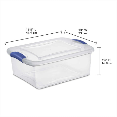 Four Pack 15 Quart Storage Bins With Hella Sturdy Snap Tops And Crystal Clear Lids Stackable Plastic Totes for closet organization.