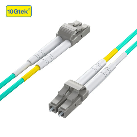 Legit High Speed OM3 Multi Mode Fiber Patch Cable LC To LC Optical Jumper 3 Meter Hardcore Cord with LC connectors and aqua finish.