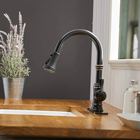 Oil Rubbed Bronze Kitchen Faucet With High Arc Gooseneck Pull Down Sprayer 3 Function Spray Head Single Handle Heavy Duty