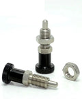 Tough As Nails Index Plunger With Hex Collar And Locking Aluminum Spring Knob For Bulletproof Hold And Easy Mounting M10 Screw Thread Pro Level Hardware Fastener Pin One Piece, showing two plunger pins with locking knobs.