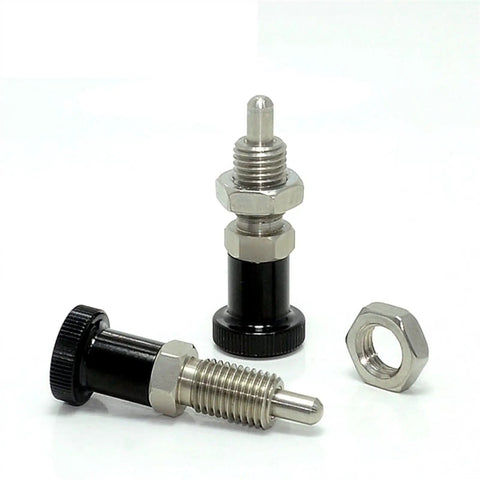 M10 Index Plunger With Hex Collar And Locking Aluminum Spring Knob Dead Solid Accuracy Locating Pin Screw Thread Workhorse Build Shop Floor Ready Premium One Unit with hex collars and spring knobs, two angled views.
