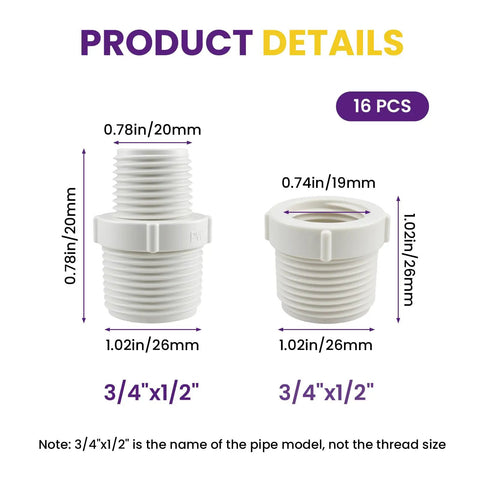 16 Piece PVC Pipe Fittings Reducer Bushing Coupling From Half Inch To Three Quarter Inch, Male To Female And Male Fittings