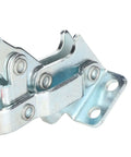 Close-up of Beefy Toggle Clamp With Quick Release Hold Down Fixture for Metal Plates and Circuit Boards, iron and plastic build.