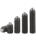 Heavy Duty Spring Ball Plunger Set Built Like A Badass Hex Socket Grub Screws In Durable Carbon And Stainless Steel Metric Sizes Five Pack showing five varying sizes.
