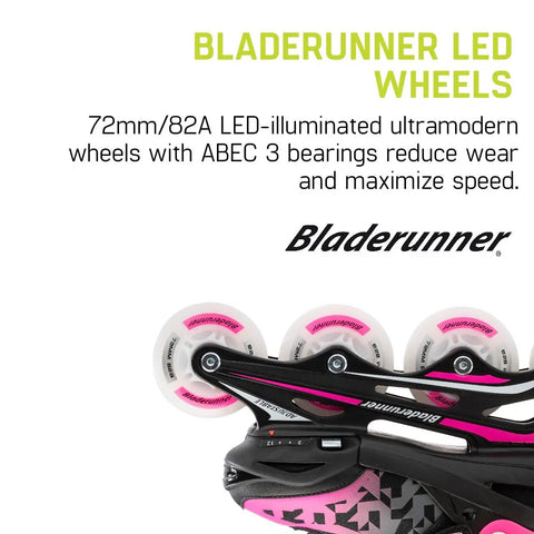 Close-up of Light Up Wheels Kids Inline Skates with adjustable four size fit showing LED wheels and cushioned support in black and pink.
