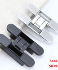 Two Pack Three Dimensional Adjustable Invisible Hinge For Hidden Folding Doors 180 Degree Cross Hinge Concealed Inner Opening No Visible Hardware Wood Door Hardware Silver and black hinges front view