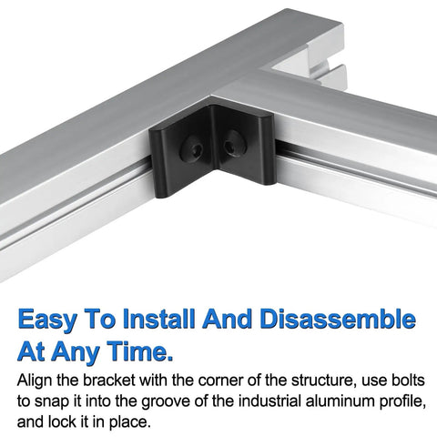 Dead Simple Setup 10 Piece 4 Hole Inside Corner Brackets Heavy Duty L Connectors Black T Slot Fittings For 4080 Aluminum Extrusion workbench frames, close-up angle showing installation detail.