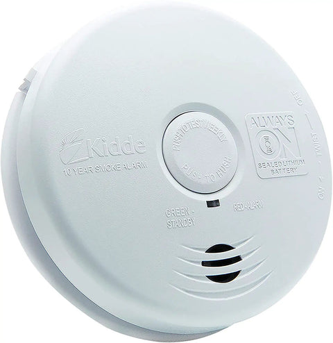 Hardwired Smoke And Carbon Monoxide Detector With Ten Year Sealed Battery Backup, round white device with test silence button.