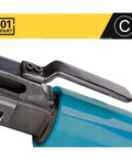 Heavy Hitter Zero Hassle Electric Hydraulic Rebar Shear And Cable Crimping Pliers close-up of lever and blue hydraulic cylinder.