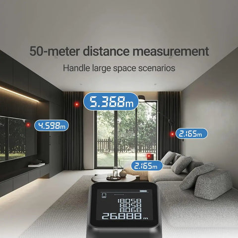 No Sweat Laser Distance Meter With Straight Up Plus Or Minus Two Millimeter Accuracy Up To 165 Feet And Eleven Smart Modes For Crushing Your Toughest Building Projects displaying various distance measurements in a modern living room.
