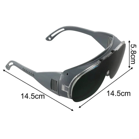 Heavy Duty Wrap Around Safety Glasses For Welding And Grinding With Impact Resistant Polycarbonate Lenses, gray color, measuring 14.5cm x 5.8cm.