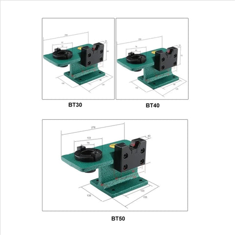Rock Solid CNC Milling BT40 Tool Holder Base Built Different With Durable Stainless Steel Body No Sweat Mount Heavy Duty Shock Absorbing Clamp Vise For Machinists, showing BT30, BT40, BT50 sizes.