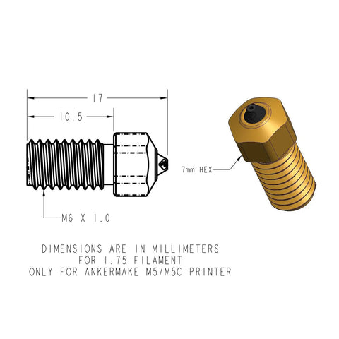 Diamond Infused Nozzle Built Different For AnkerMake M5 And M5C 3D Printers dimensions 17mm length for 1.75 filament
