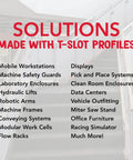 Solutions made with Heavy Duty Aluminum Extrusion With Dual Open T Slots for various applications including workstations and displays.