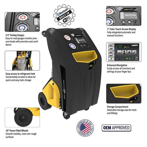 Shop Floor Legend R1234yf Auto AC Refrigerant Recovery Recycle Recharge System With Wireless Sync Seven Inch HD Touchscreen Oilless Pump Made In Usa detail view with gauge, touchscreen, and tank access.