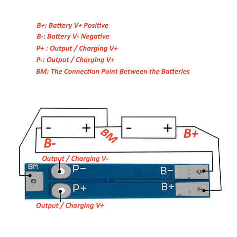 Wiring diagram of Heavy Duty Ten Pack Two Series BMS Lithium Battery Protection Board For 18650 Cells with battery connections.