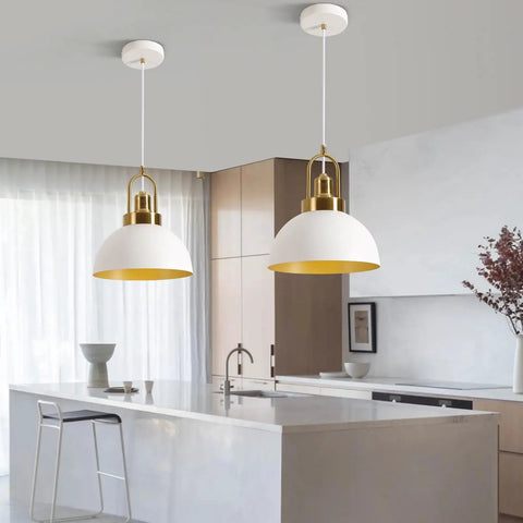Rustic White Farmhouse Pendant Light Fixture With Retro Geometric Dome over modern kitchen island