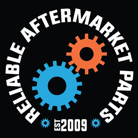 Reliable aftermarket parts logo featuring blue and orange gears on a black background, established 2009.
