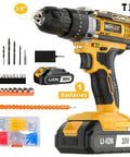 Mean Machine 20V Cordless Drill Driver Set Featuring 3/8 Inch Automatic Spindle Lock Chuck with accessories